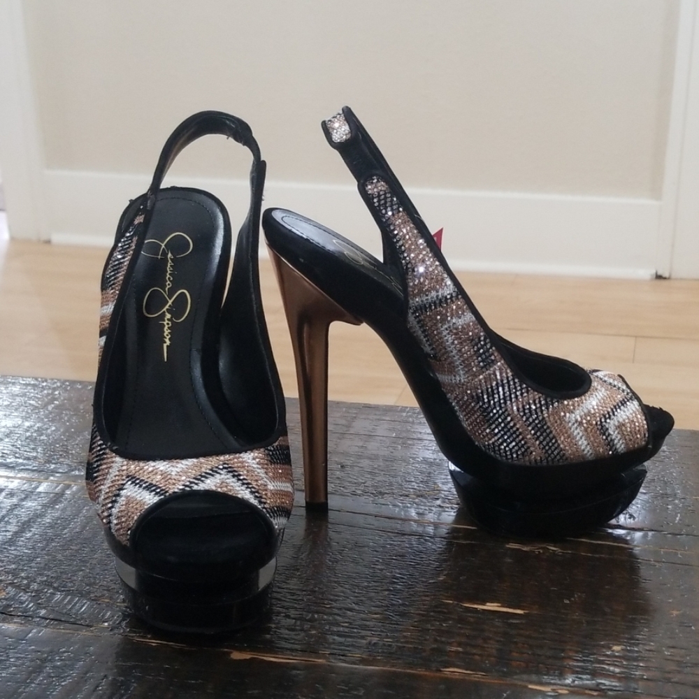 Size 6.5 black copper platform heels